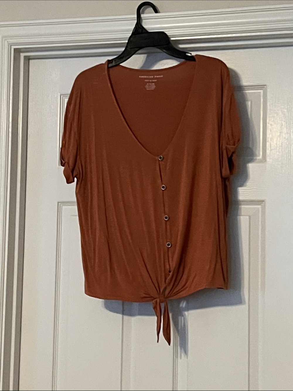 American Eagle Outfitters Burnt Orange Button-Front Tie-Hem Top